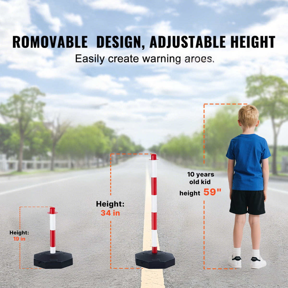 KFFKFF Movable Traffic Guide Post Cones, Set of 4, Safety Traffic Barrier with Loadable Base and 8FT Chain, Suitable for Traffic Regulation, Parking Area, Construction Warning, Roadway Caution