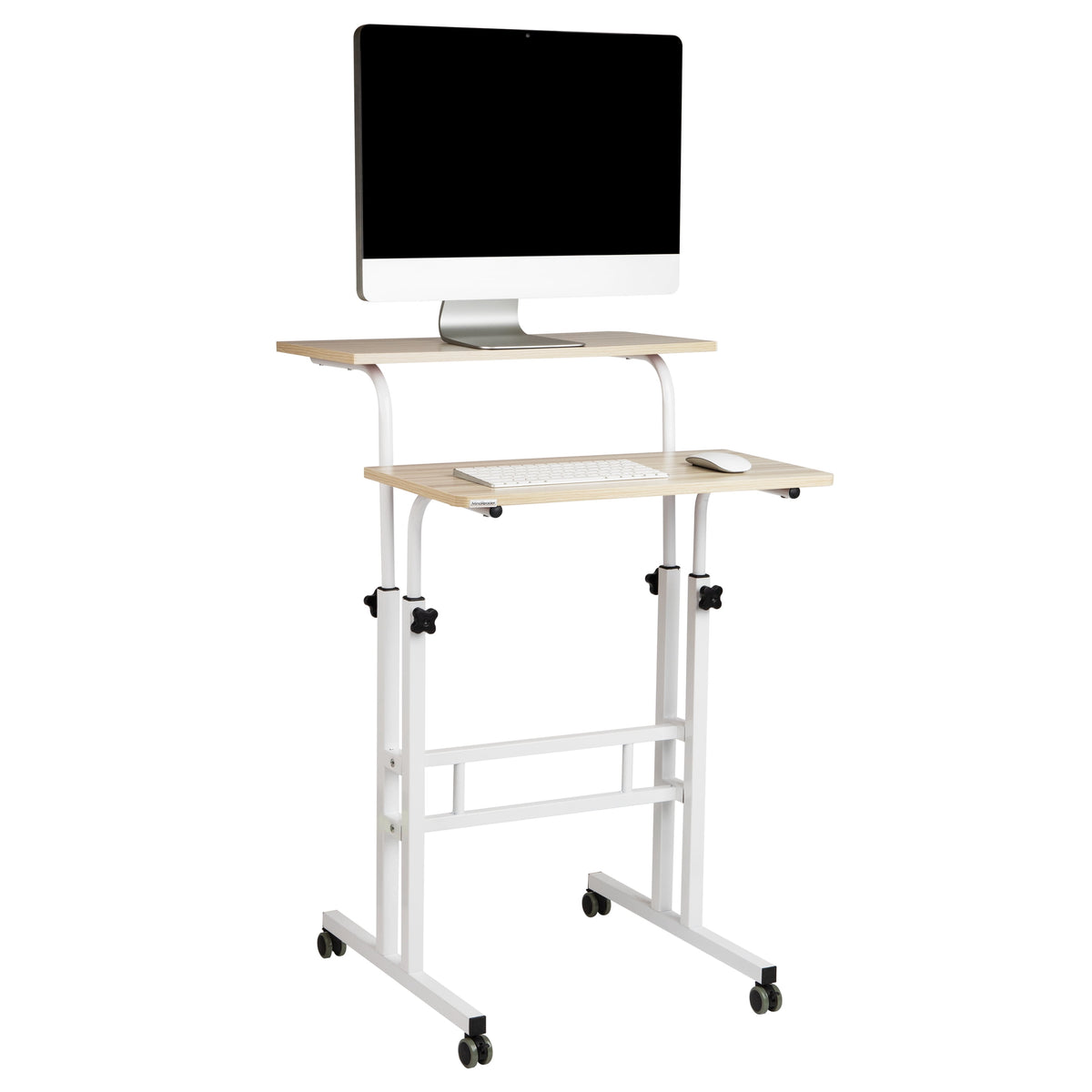 Mind Reader Standing Desk, Adjustable Height Laptop Workstation, Portable Rolling Desk on Wheels, Two-Tier Metal Frame, White