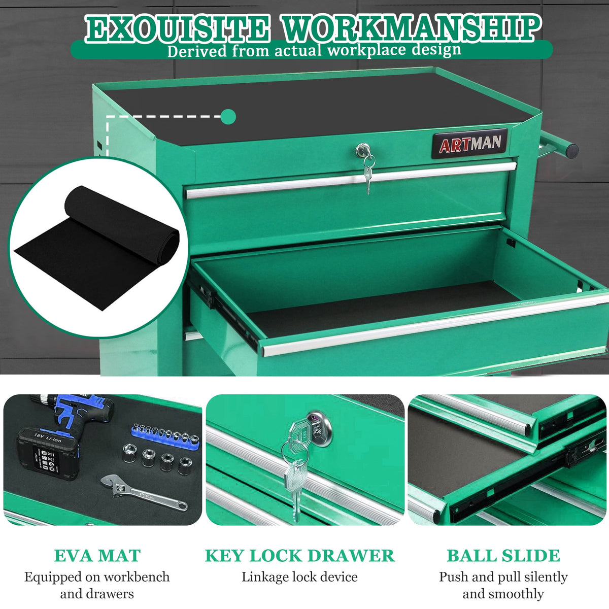 Seizeen Cold Rolled Steel 5-Drawers Tool Chest, Rolling Tool Box on Wheels for Garage Workshop, Green Tool Storage Cabinet
