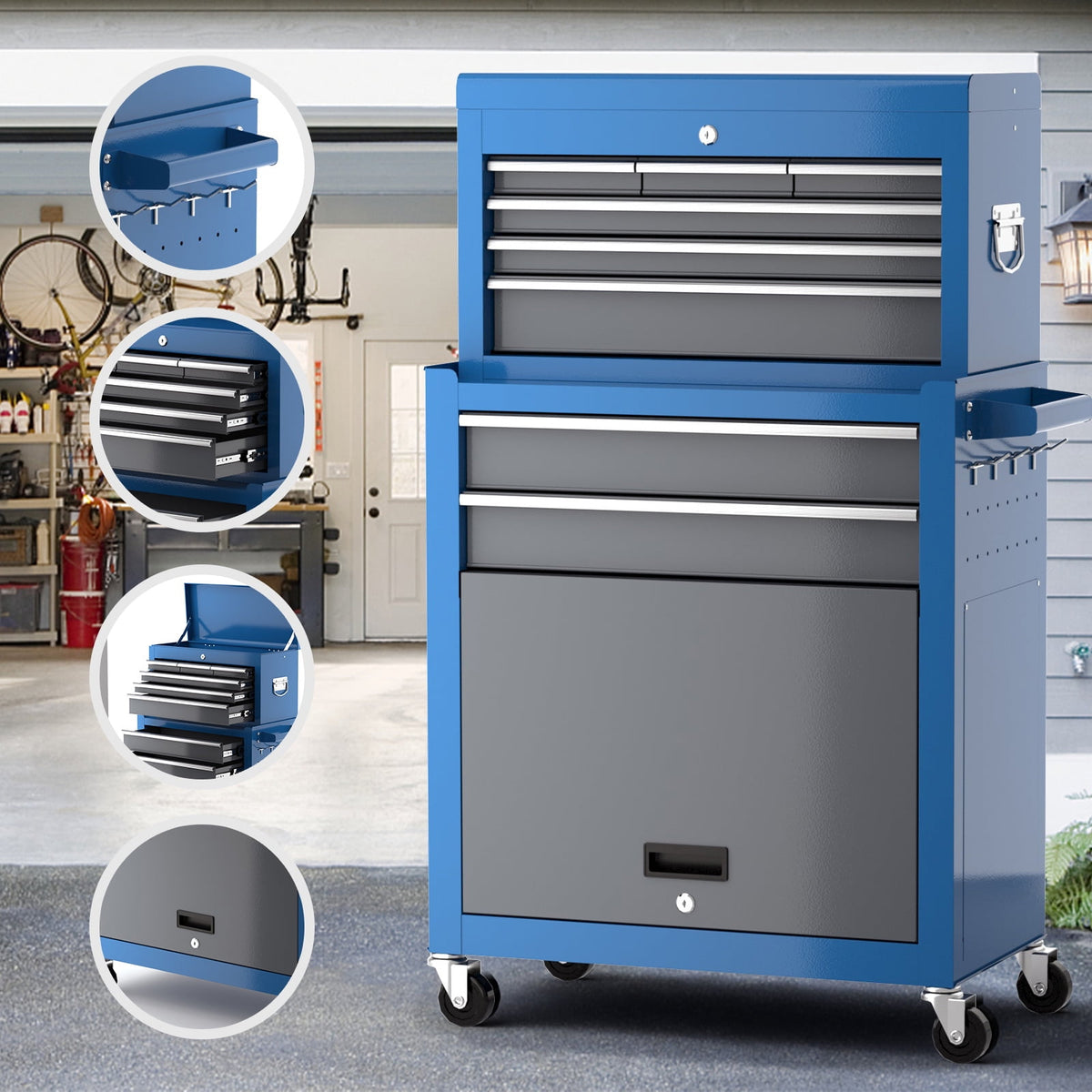 Large Rolling Toolbox, Detachable,Lockable with Parking Brake, 8-Drawer Professional Toolbox Top Cabinet, Heavy-Duty Household Garage, Workshop Tools