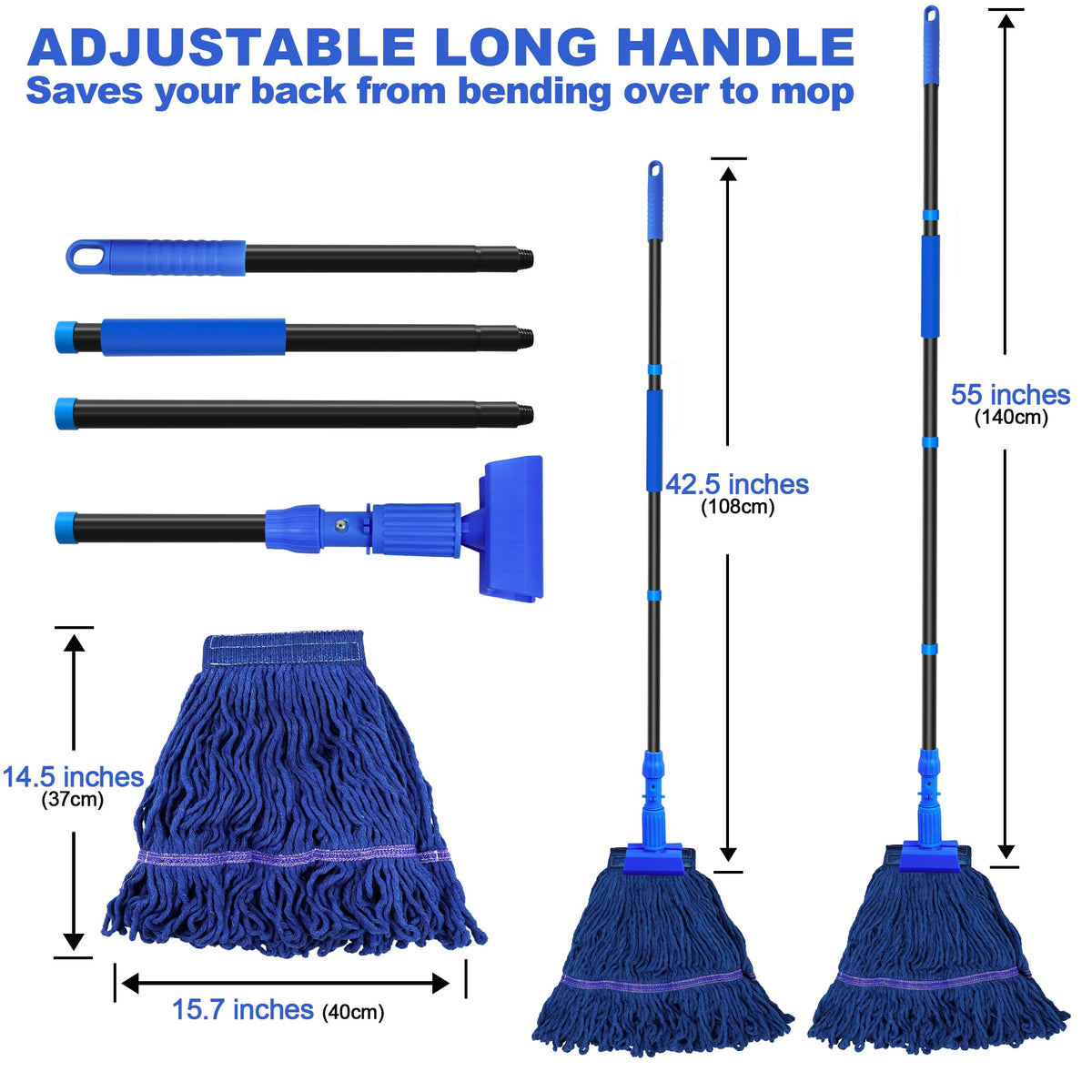 NEWE Commercial Mop for Floor Cleaning, Heavy Duty Industrial Mops with 55 inches Long Handle (Blue)