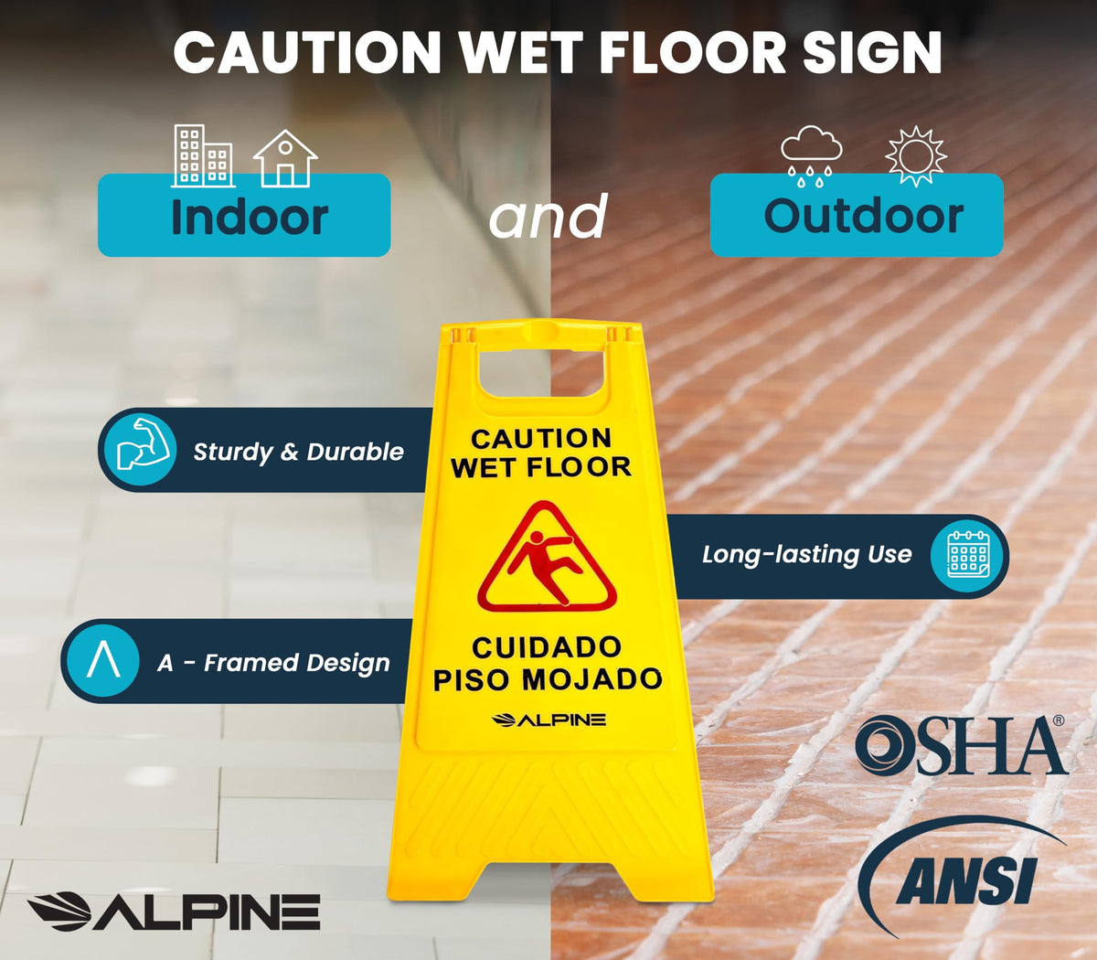 Alpine Wet Floor Signs 3 Pack - 24 Inch Caution Wet Floor Sign - Bilingual Safety Warning Sign to Easily Avoid Slippery Accidents in High Traffic Areas