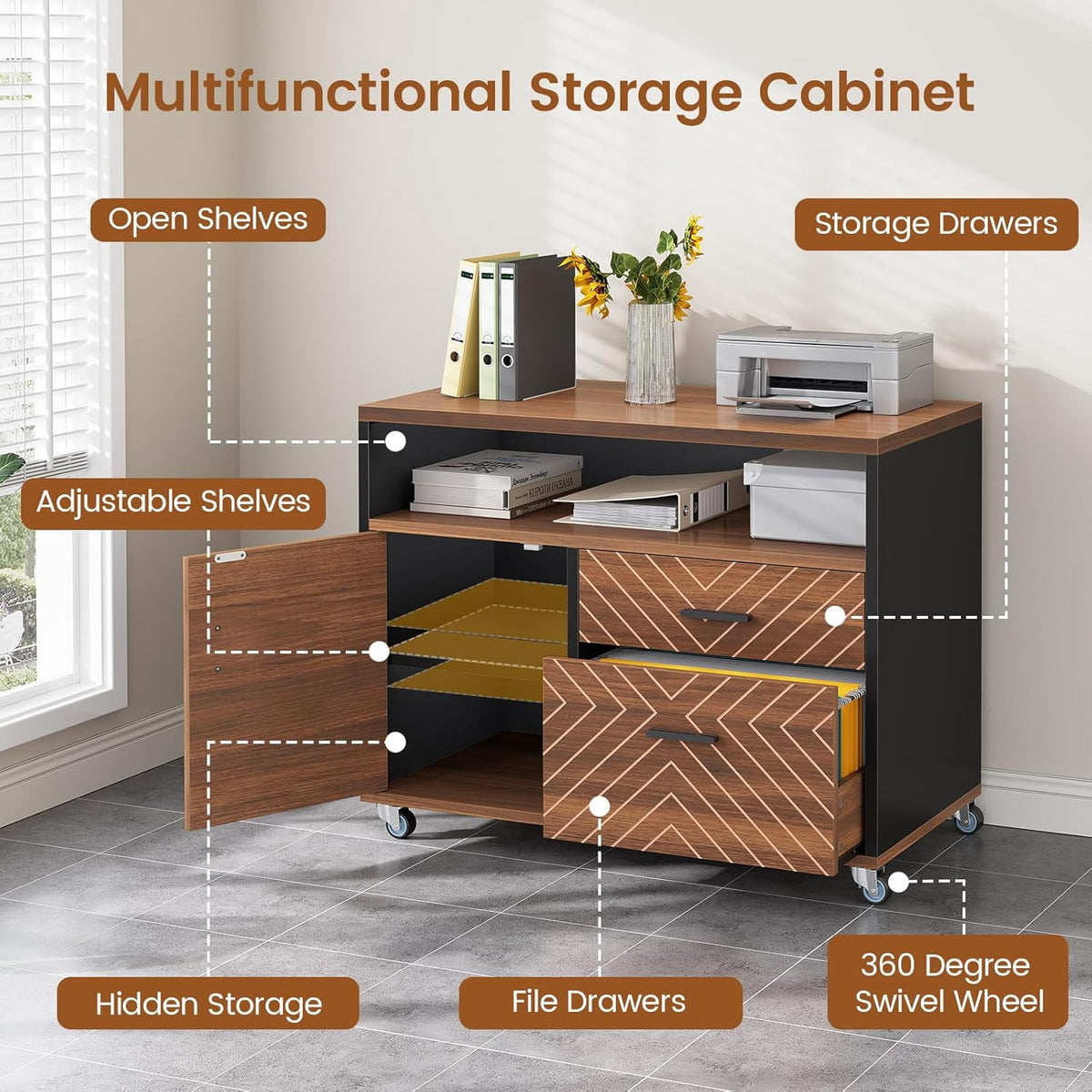 SEDETA 71" Executive Desk with Rolling File Cabinet, Large Office Desk with Drawers, L Shaped Computer Desk with Power Outlets, CPU Stand, Pegboard and Storage Shelves, Walnut