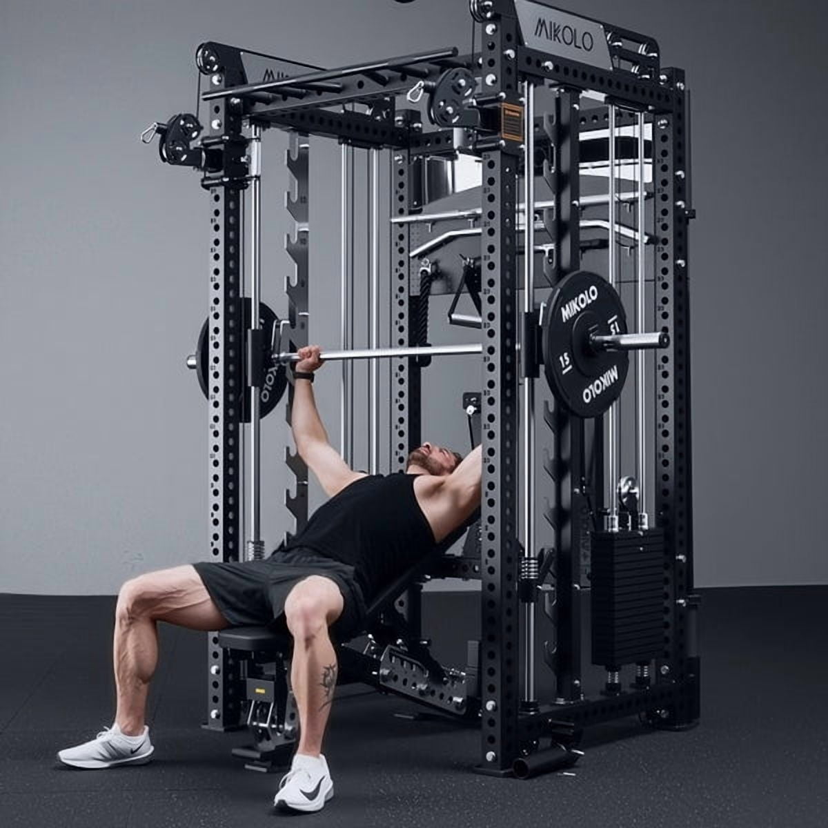 Mikolo Anubis-2.0 Smith Machine with Weight Stack, 3“×3” All-in-One Power Cage with LAT Pulldown & Cable Crossover, 3200LBS Multi-Function Trainer with Aluminum Pulley System for Fitness Home Gym