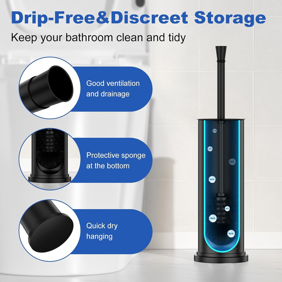 Black Toilet Brush and Holder，Extra Long Handled Black Toilet Brush for Bathroom，Stainless Steel Heavy Duty Toilet Bowl Brush,Deep Cleaning Modern Toilet Cleaner Brush -Space Saving