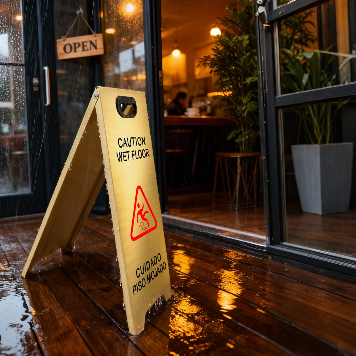 2 Pack Stainless Steel Wet Floor Sign, 24 Inch Caution Sign Portable Foldable Bilingual Safety Warning for Hotel Market Restroom Restaurant Office (Gold)