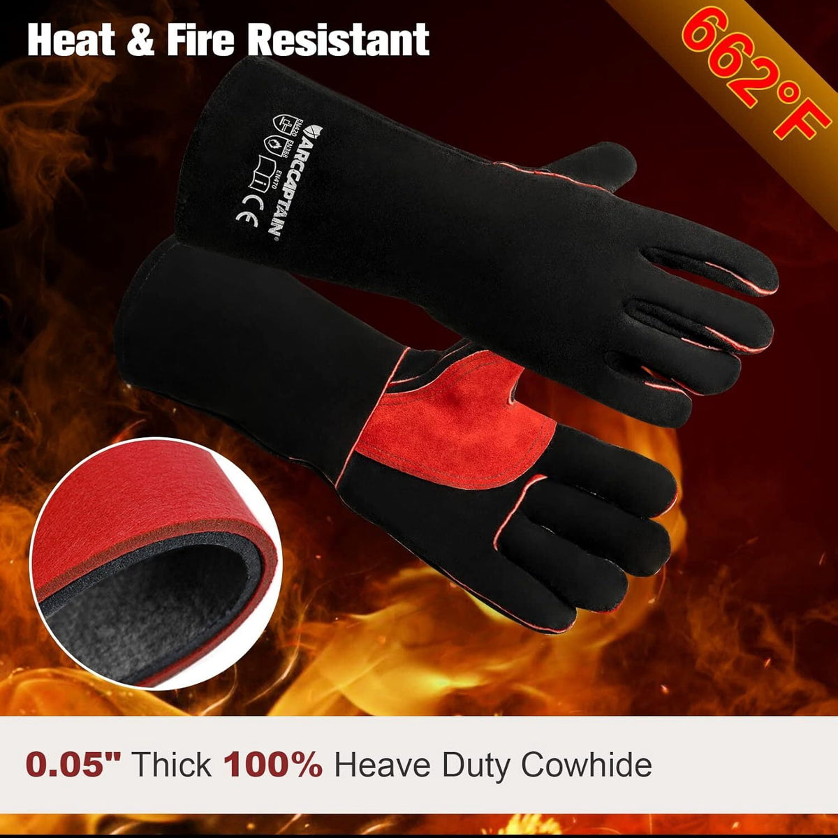ARCCAPTAIN Leather Forge Welding Gloves, 16" Heat/Fire Resistant, for Stick/MIG/TIG/Forge/BBQ/Grill/Fireplace, Cowhide, 662°F Rating