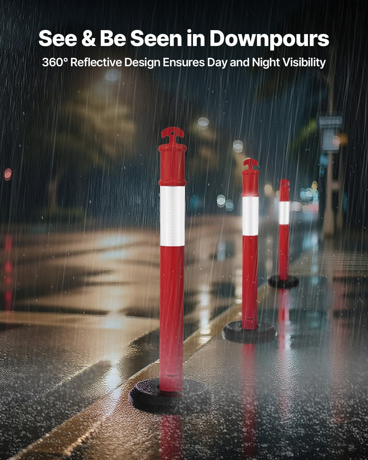 9-Pack of 48-Inch Fillable Safety Cones with Reflective Strips – Heavy Duty Traffic Delineator Posts for Construction, Parking, and Event Crowd Control, Red