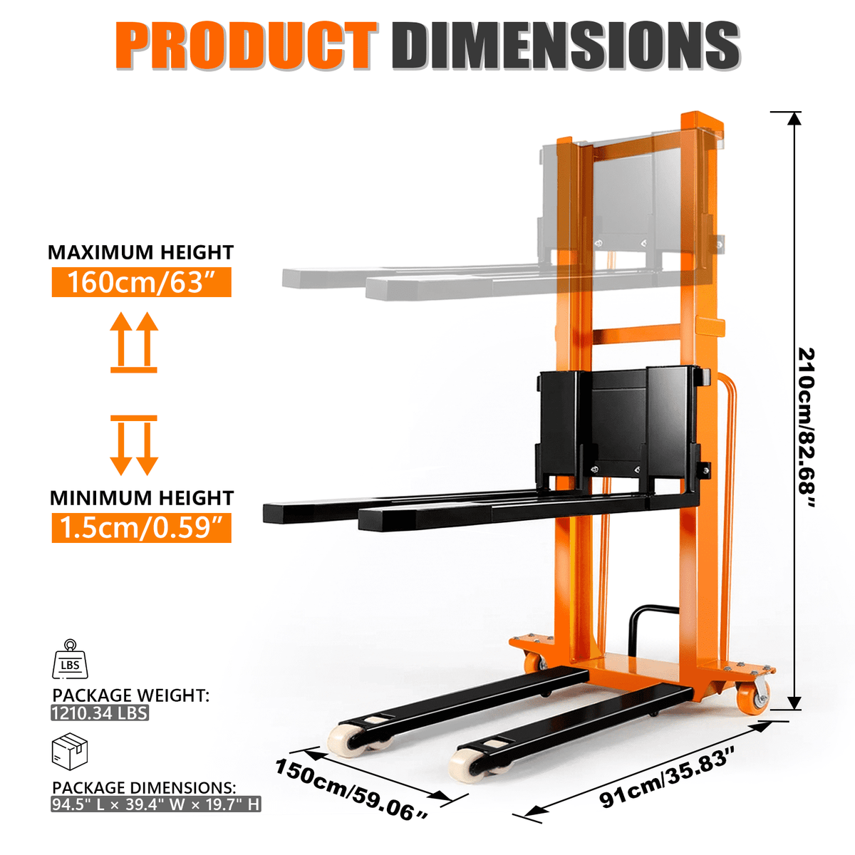Vakiorn 1100 Lbs Electric Manual Pallet Stacker 63" Lift Height 1500W Powered Walkie Stacker with 48V 10Ah Battery Manual Hand Forklift Pallet Truck for Warehouse Logistics Workshop