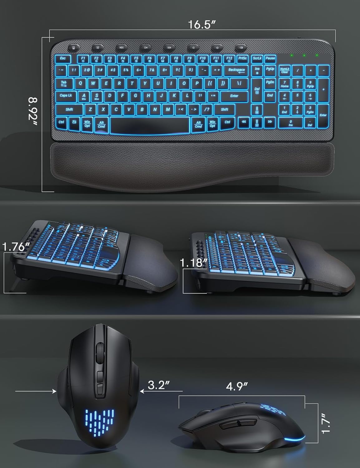Wireless Keyboard and Mouse Combo - Ergonomic Wave Rechargeable Keyboard with Soft Leather Wrist Rest, RGB Backlit -Black