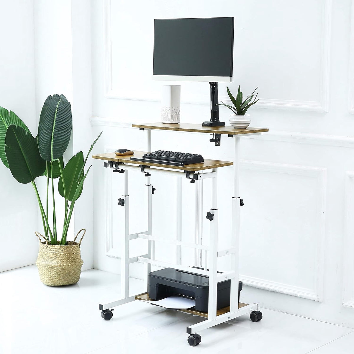 NurtureTail Height Adjustable Mobile Workstation with Wheels, Keyboard Tray & Storage Shelf, Rolling Laptop Desk for Home Office, Study & Small Spaces,White Frame/Ancient Oak Top