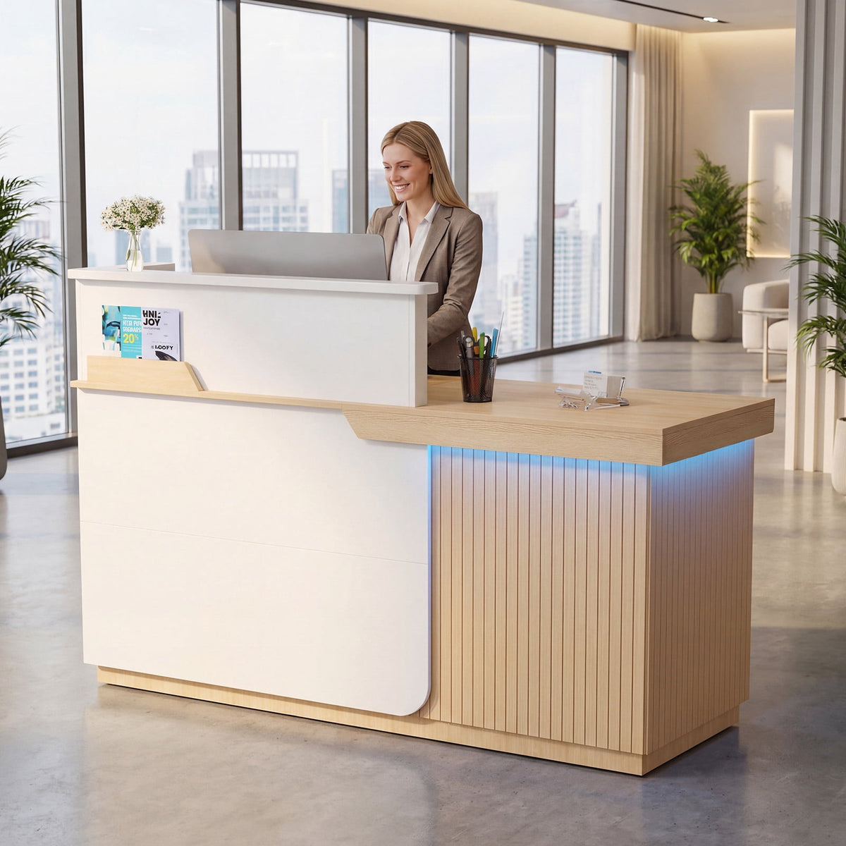 Advwin Modern Reception Desk with LED Light, 63" Fluted Front Desk with Lockable Drawer, Cabinet & Sliding Tray, Large Reception Counter Table for Office Lobby Nail Salon Clinic, White+Light Wood