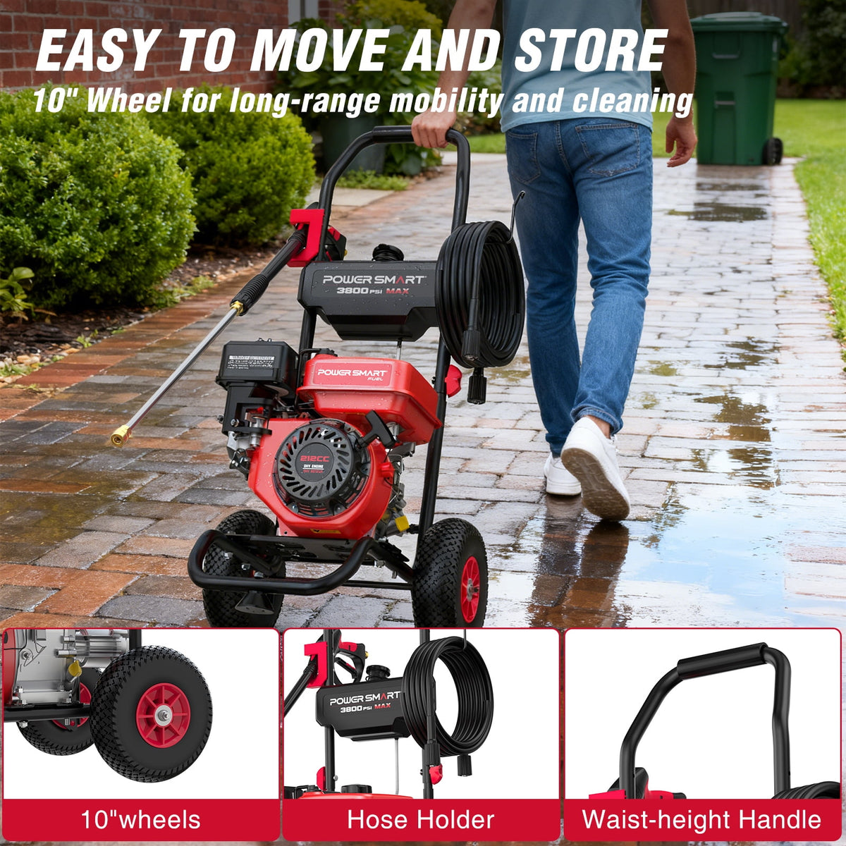 PowerSmart 3800PSI Gas Pressure Washer, 212cc Engine 2.5GPM 5 Quick-Adjustable Nozzles for Gardens