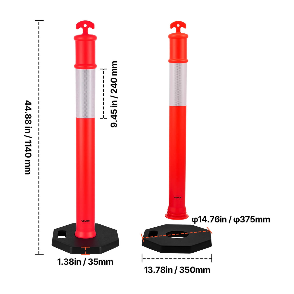 VEVOR 9 Pack Traffic Delineator Posts, 48 inches Traffic Safety Cones with Weighted Base and Reflective Strips, Heavy Duty Delineator Posts for Construction Site, Parking Lot, Crowd Control, Red