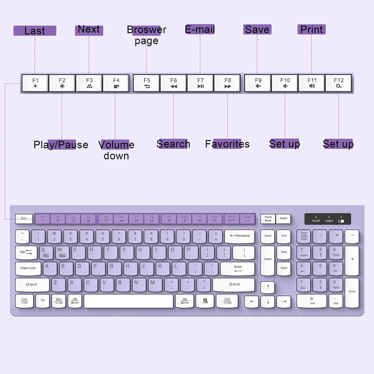 RECCAZR Wireless Keyboard and Mouse Combo , 2.4G Full Size, 12 Multimedia and Shortcut Keys, 3-Year Battery Life, for Windows, Mac OS Desktop/Laptop/PC(Purple)