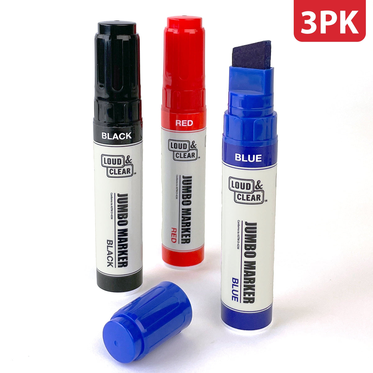 Loud & Clear -Jumbo Permanent Markers - Extra Wide Chisel Tip Marker 3pc Multi-pack, (Black, Red, Blue)
