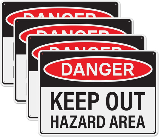 4pcs Danger Keep Out Hazard Area Sign 14x10 inch | Plastic Sign for Construction Site, Hazard Area, No Trespassing, Waterproof Plastic