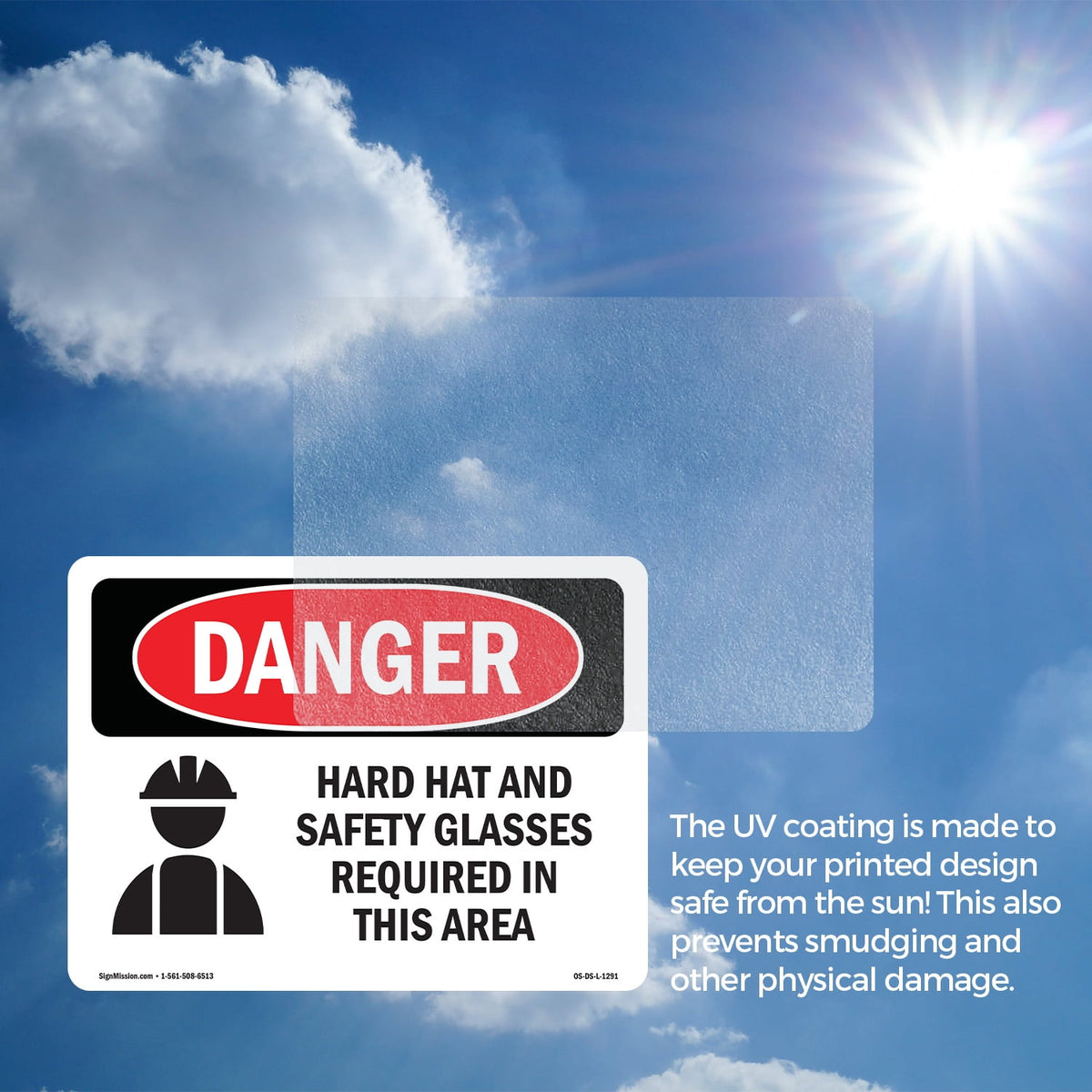 Hard Hat Safety Glasses Required In Area OSHA Danger Vinyl Decal Label 14 Inch x 10 Inch - 5 Pack
