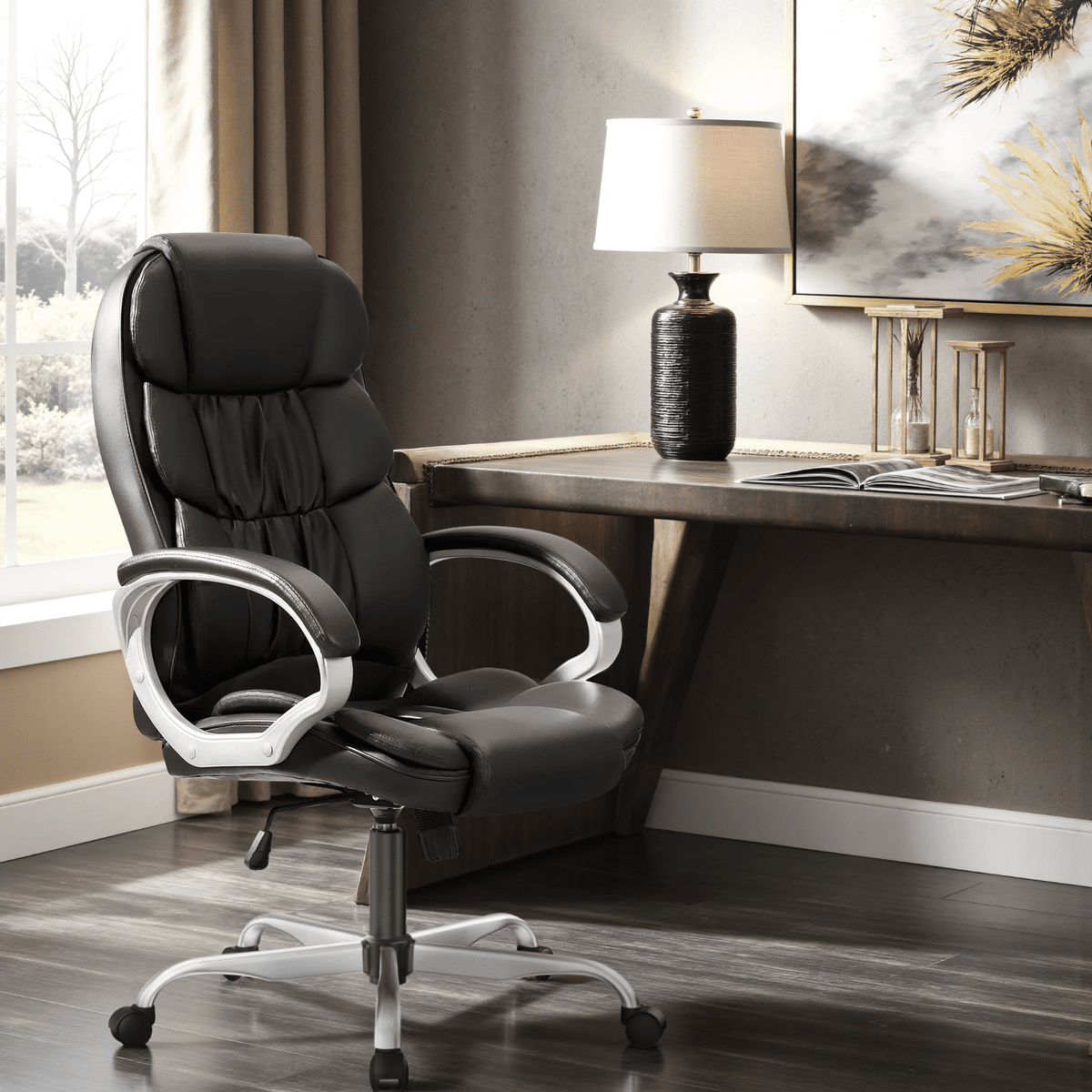 Furmax High Back Office Adjustable Ergonomic Desk Padded Armrests Executive PU Leather Swivel Task Chair with Lumbar Support, Black