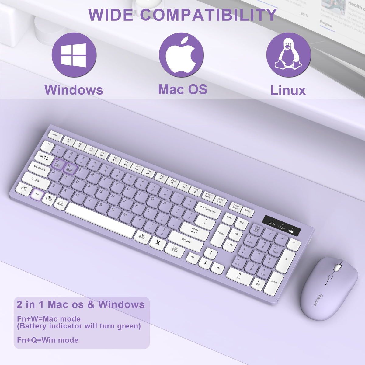 RECCAZR Wireless Keyboard and Mouse Combo , 2.4G Full Size, 12 Multimedia and Shortcut Keys, 3-Year Battery Life, for Windows, Mac OS Desktop/Laptop/PC(Purple)