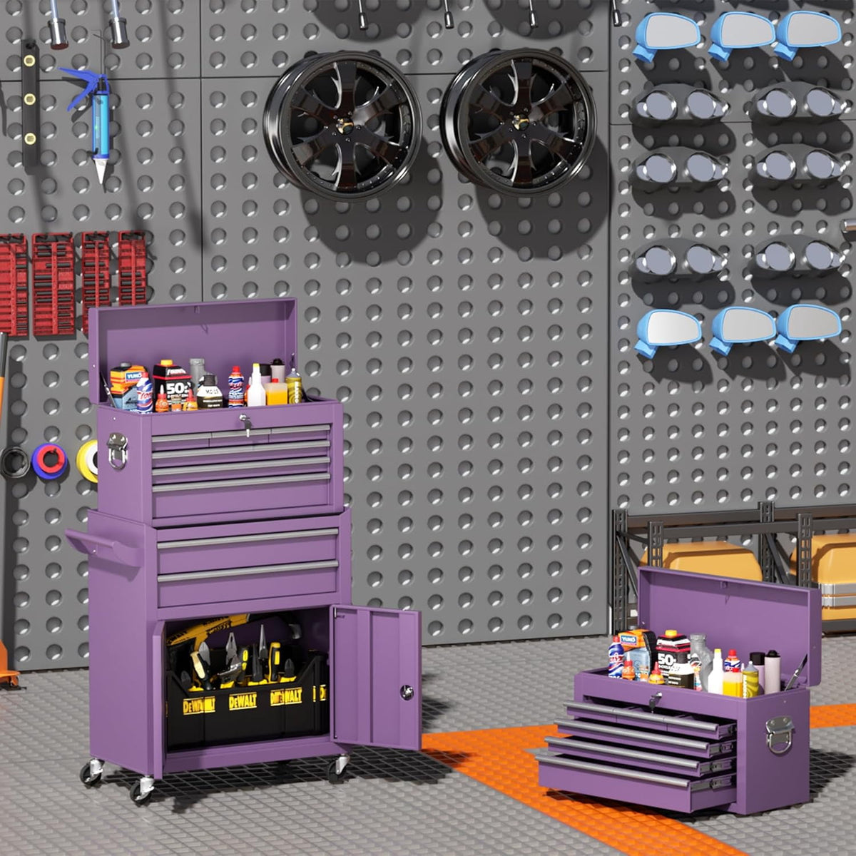 SOLAURA 8-Drawer Rolling Tool Chest with Detachable Top Box, Metal Tool Box with Wheels, Lockable Storage Cabinet for Warehouse, Garage, Workshop, Barbershop, Purple