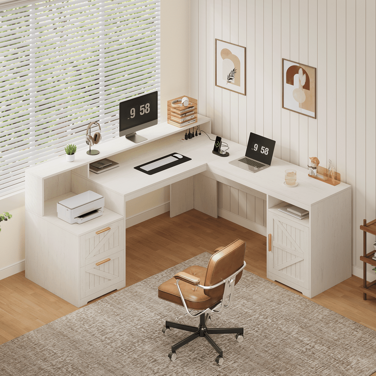 63" Farmhouse L Shaped Executive Desk with Drawers & Storage Shelf, Corner Computer Desk with Power Outlets, L Shaped Office Desk with Monitor Stand, Printer Shelf, White