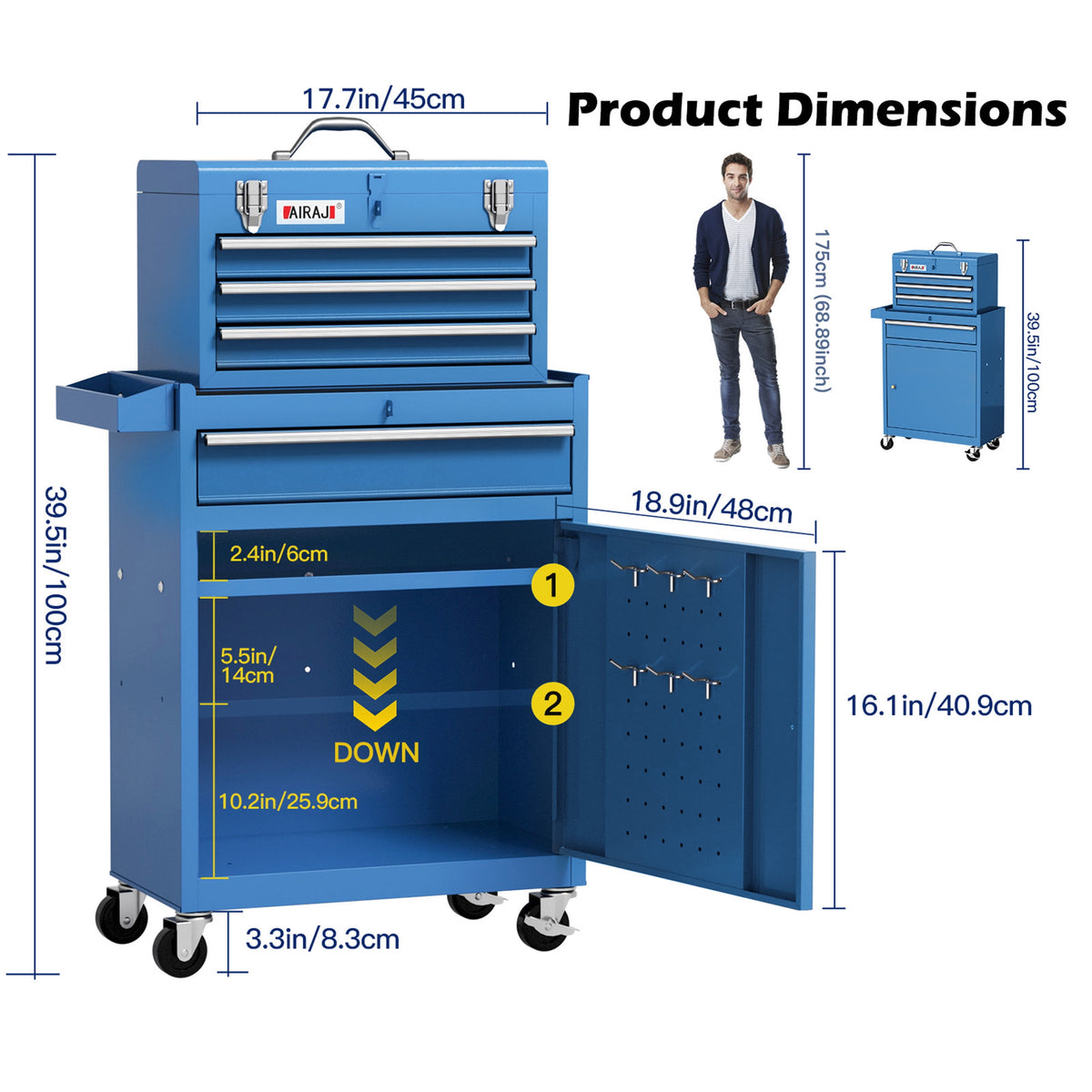 AIRAJ Blue 40" 3-Drawer Rolling Tool Chest | Single Door Metal Workshop Tool Cabinet on Wheels