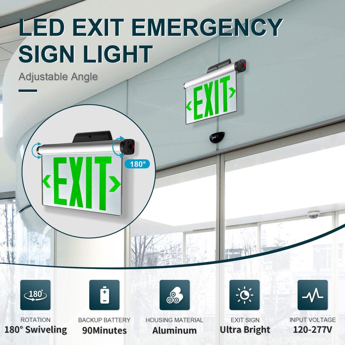 MW Lighting Green Hardwired LED Fire Exit Sign, Double Sided Aluminum & Acrylic Panel, UL Damp Rated, Top/Side/Wall Mount Canopy, Indoor Outdoor Commercial Dead End Entry Light