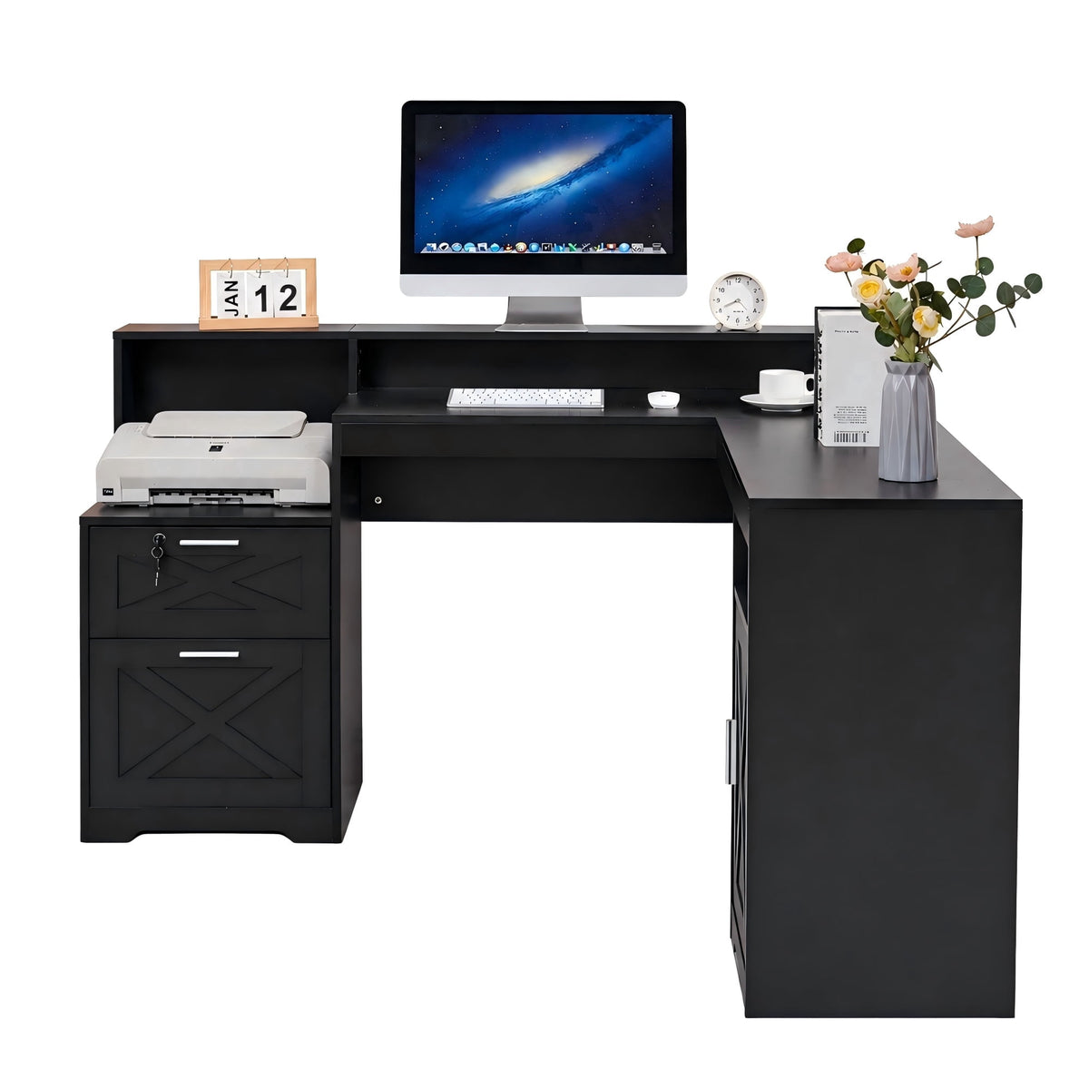 58.2 Inch L-Shaped Executive Desk with Drawers & Storage Shelf, Corner Computer Desk with Power Outlets, Monitor Stand & Printer Shelf