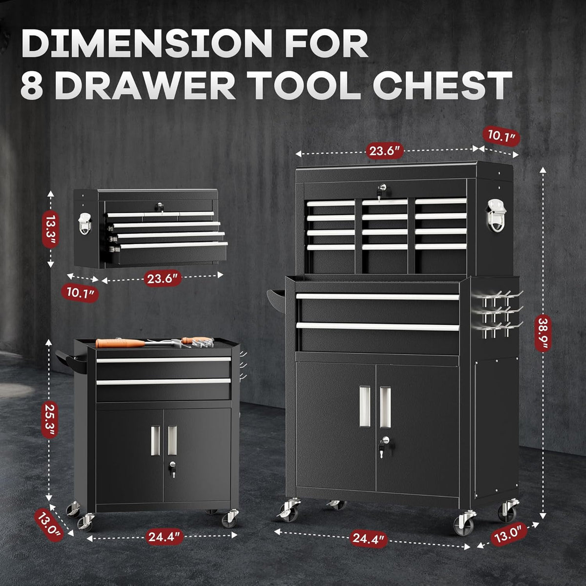 SOLAURA 8-Drawer Rolling Tool Chest Metal Tool Box Lockable Storage Cabinet with Wheels, Black