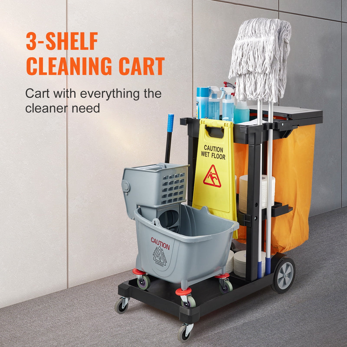 VEVOR Commercial Janitorial Janitor Cart 3-Shelf 200 lbs Janitorial Trolley Cleaning Cart with 25 Gallons PVC Bag and Cover for Housekeeping