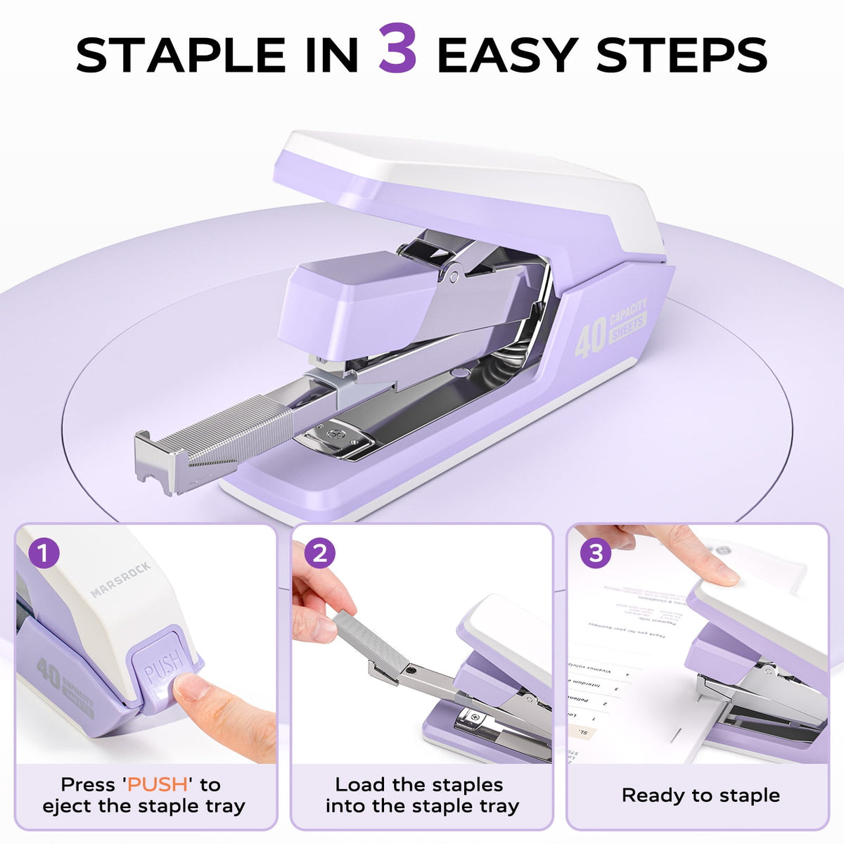 Marsrock Effortless Stapler for Desk,40-50 Sheet Capacity, 2000 Staples, 1-Touch Stapling,Heavy Duty and Magnetic Staple Remover, Purpler