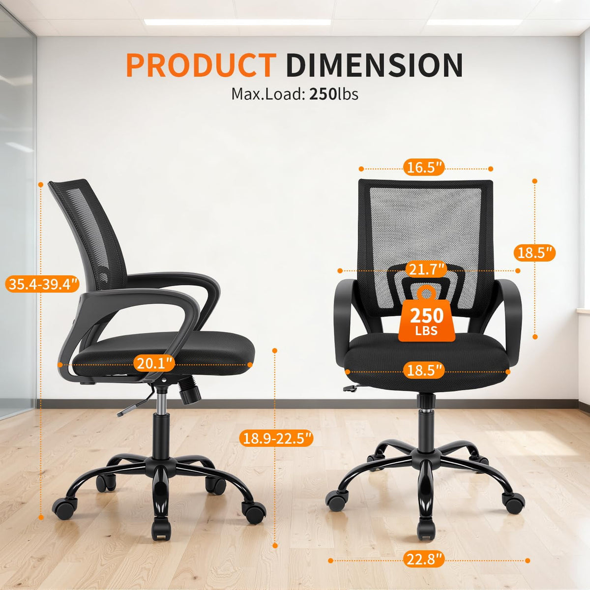BestOffice Ergonomic Home Office Chair, Adjustable Lumbar Support and Height, with Arms, Black