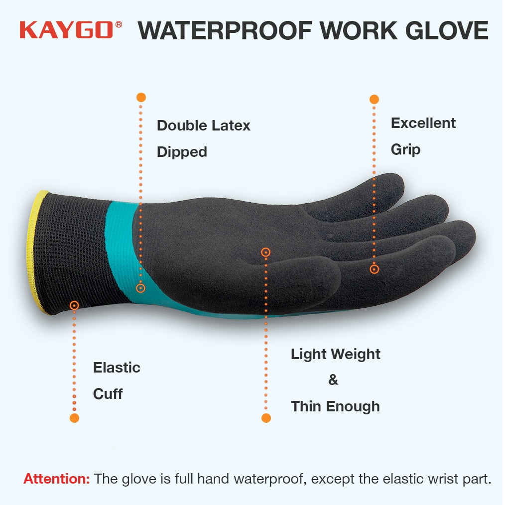 KAYGO Waterproof Work Gloves for Men and Women, Rubber Coated Non-slip Working Gloves for Garden, Outdoor Construction, KG150, Blue, L