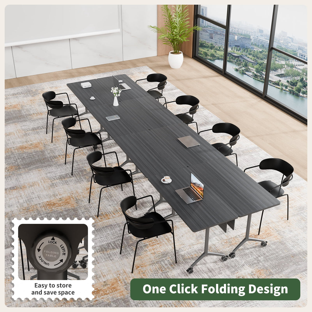 Folding Conference Room Tables with Silent Wheels, 6-12 Person Modern Foldable Modular Meeting Training desk for Office Seminar Boardroom (61 Ebony 8)