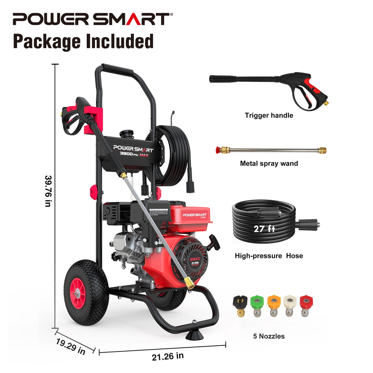 PowerSmart 3800PSI Gas Pressure Washer, 212cc Engine 2.5GPM 5 Quick-Adjustable Nozzles for Gardens
