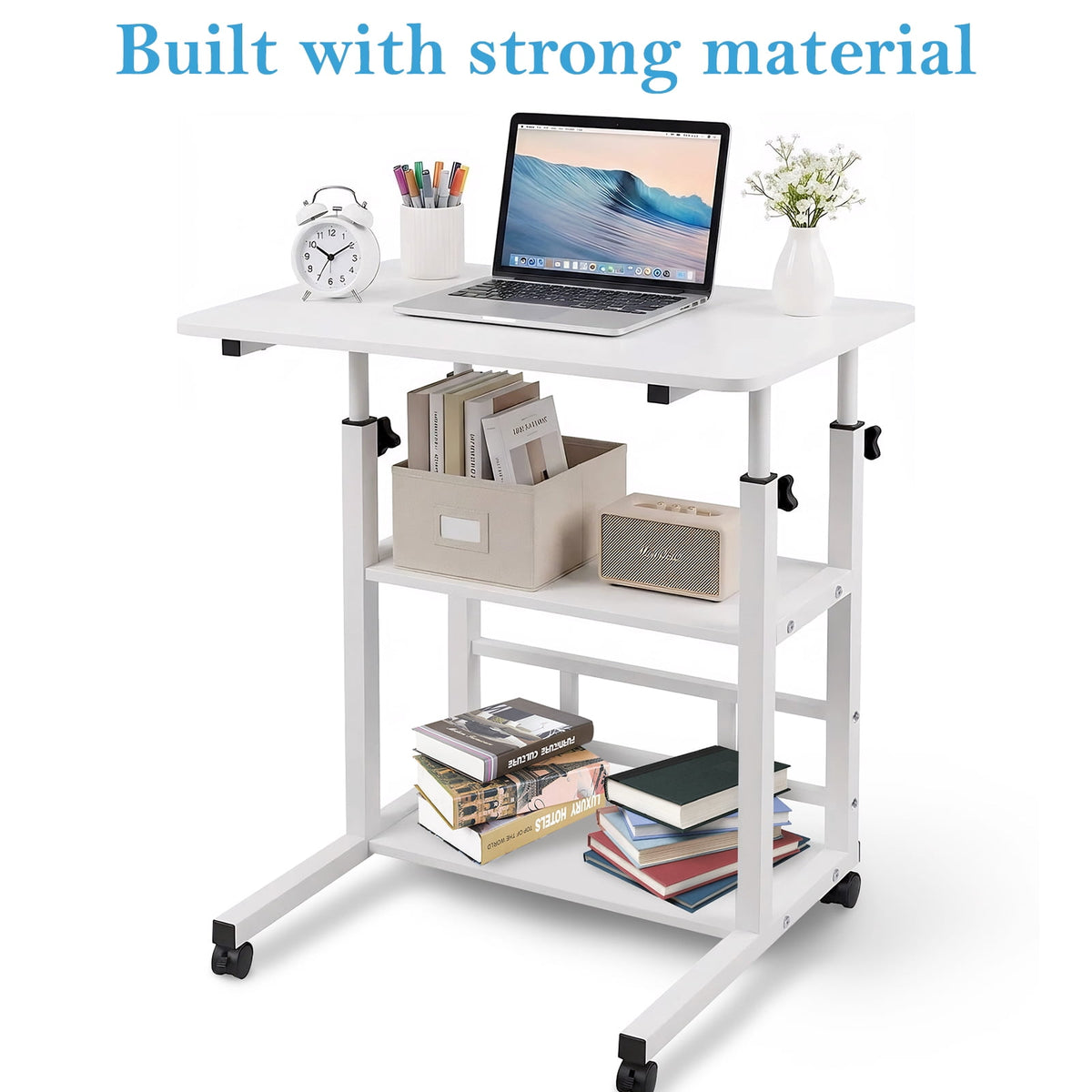 Portable Desk with Wheels Small Standing Desk on Wheels Adjustable Height Rolling Desk for Small Spaces 32 Inch Computer Desk with Storage Shelves for Home Office Study White