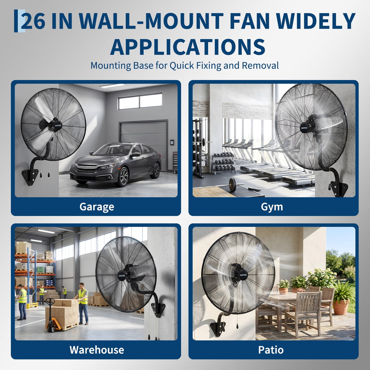 Wall Mount Fan 26 Inch High Velocity Industrial Oscillating with Dual Pull Cord, 4900CFM Heavy Duty Metal Fan 3 Speeds for Garage Workshop Patio