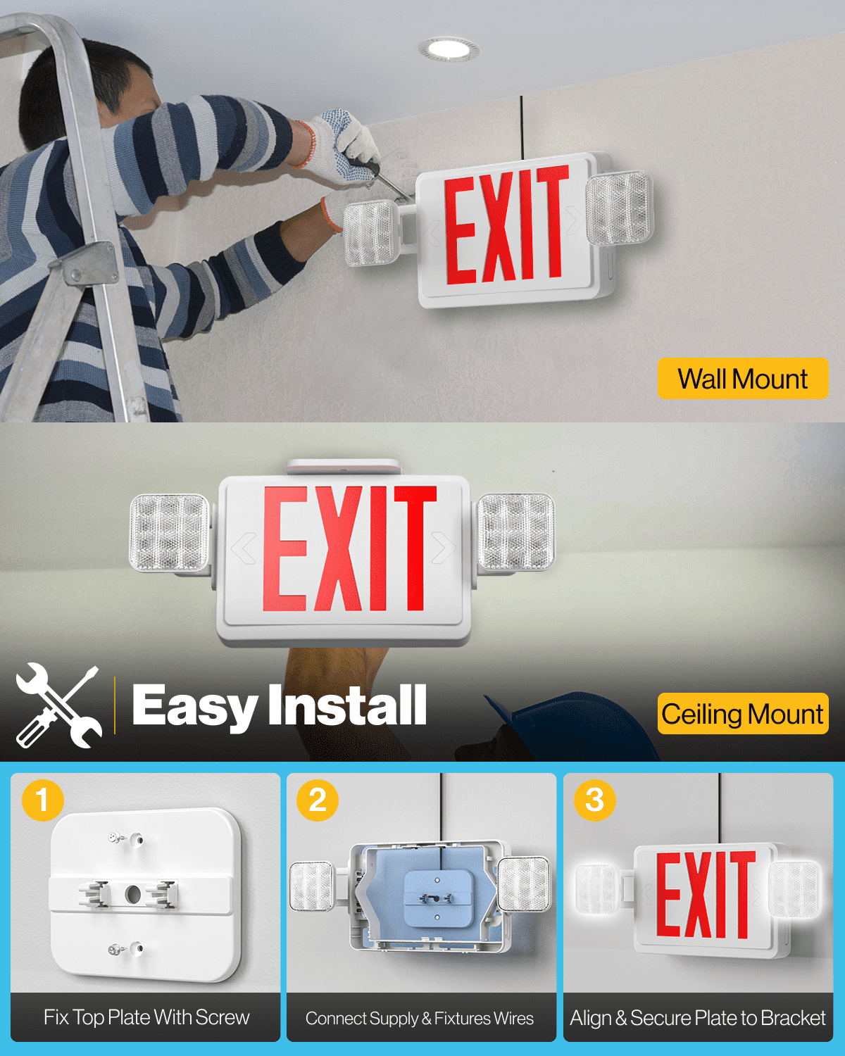 Sunco 6 Pack Red Exit Signs With Emergency Lights, Two Adjustable Square LED Lights, 94V-0 Fire Resistant, Backup Battery, 120-277V, Wall Or Ceiling Mount, Commercial Grade Double Sided UL