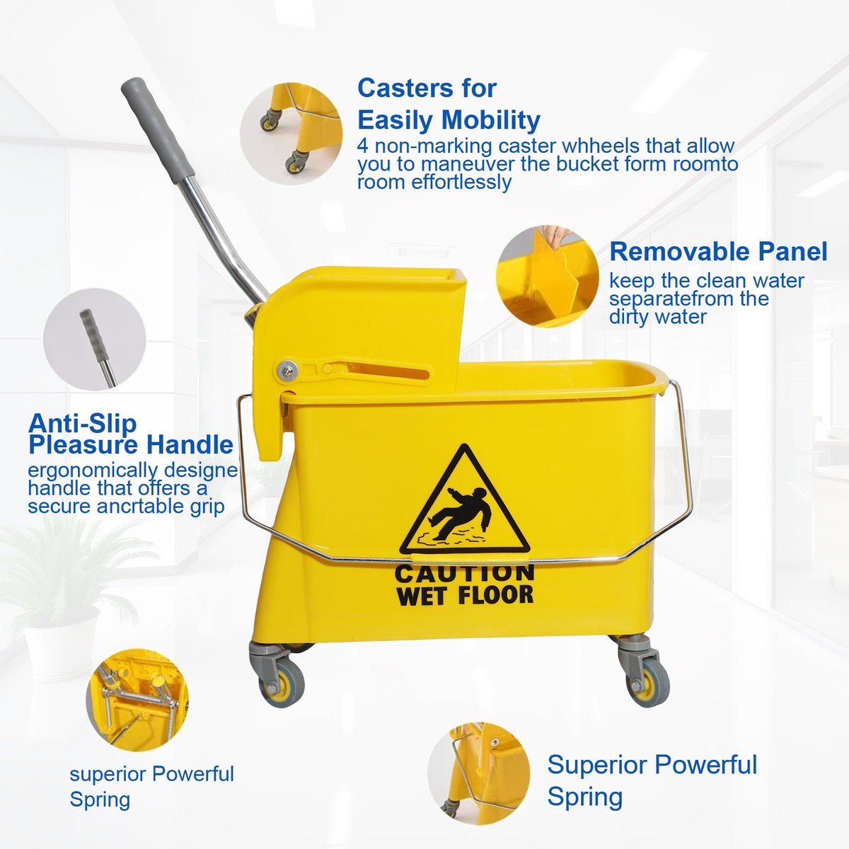 Midoneat Side Press Wringer Combo Commercial Floor Cleaning Rectangular Mop Bucket on Wheels, 22-Quart, Yellow,Add One Commercial Mop
