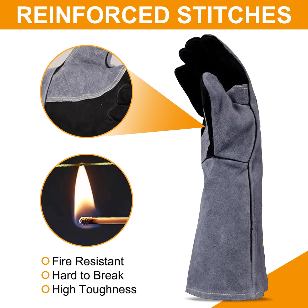 Cyrico Welding Gloves for Men, 16 Inch Leather Heat-Resistant Work Gloves with Reinforced Stitching for BBQ, Fireplace, Grill, Wood Stove, Yard Work, and Light Welding Tasks