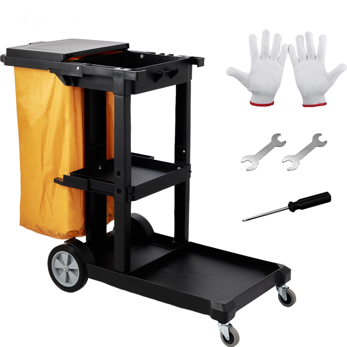 VEVOR Commercial Janitorial Janitor Cart 3-Shelf 200 lbs Janitorial Trolley Cleaning Cart with 25 Gallons PVC Bag and Cover for Housekeeping