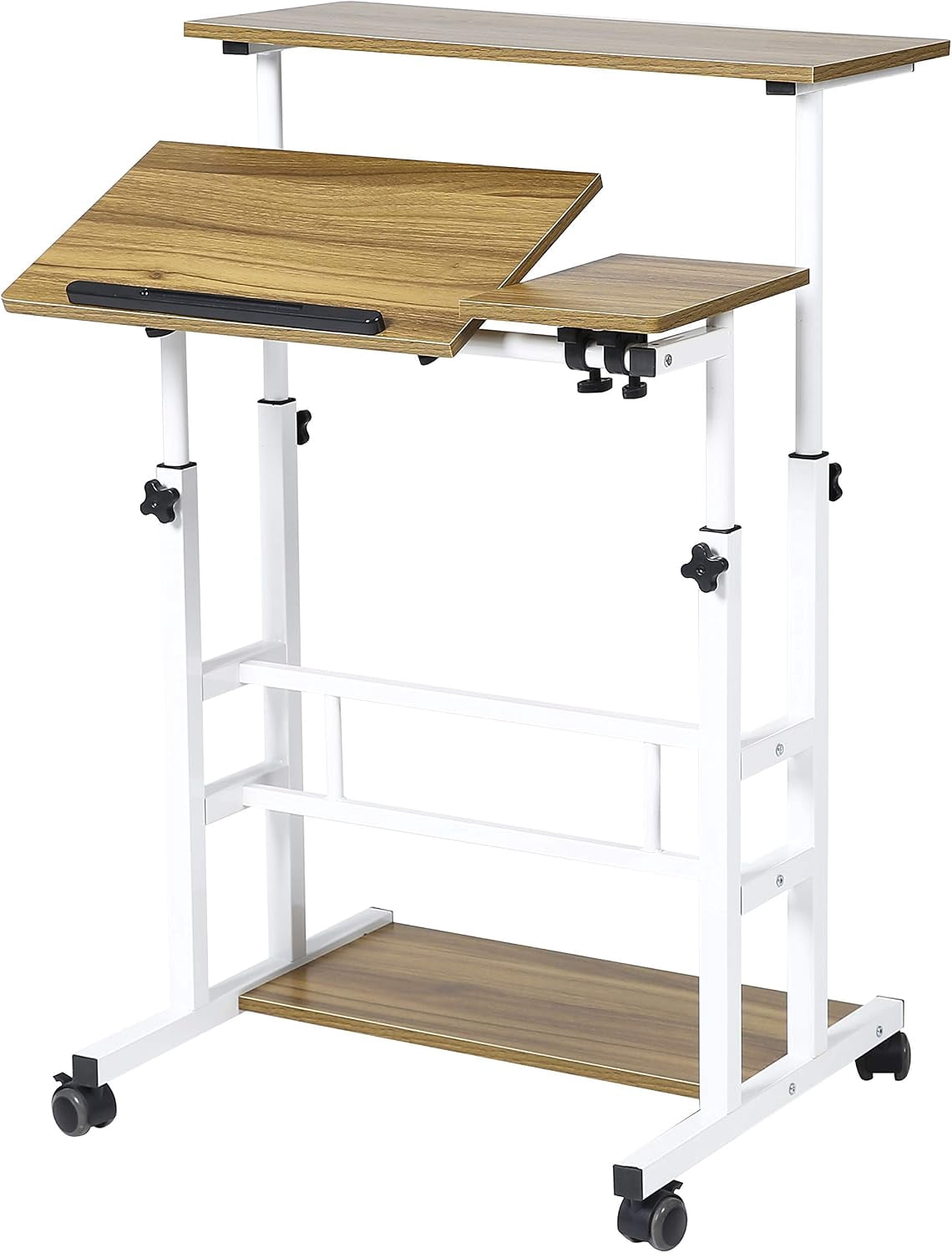 NurtureTail Height Adjustable Mobile Workstation with Wheels, Keyboard Tray & Storage Shelf, Rolling Laptop Desk for Home Office, Study & Small Spaces,White Frame/Ancient Oak Top