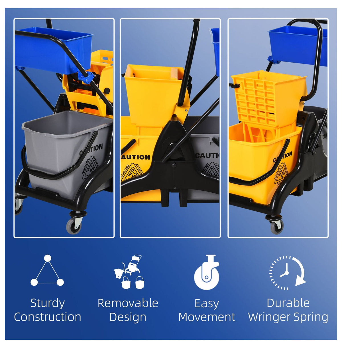 Mop Bucket with Wringer - 13.8 Gallon Commercial Mop Bucket Cart - Side Press Mop Bucket with Wheels - Heavy Duty Cleaning Bucket for Home, Office & Commercial Use