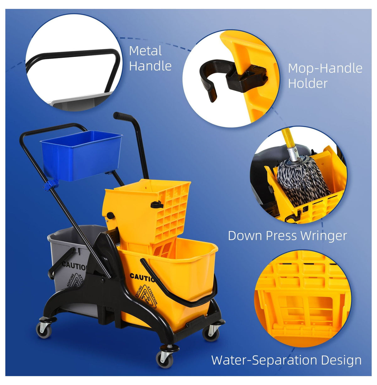 Mop Bucket with Wringer - 13.8 Gallon Commercial Mop Bucket Cart - Side Press Mop Bucket with Wheels - Heavy Duty Cleaning Bucket for Home, Office & Commercial Use