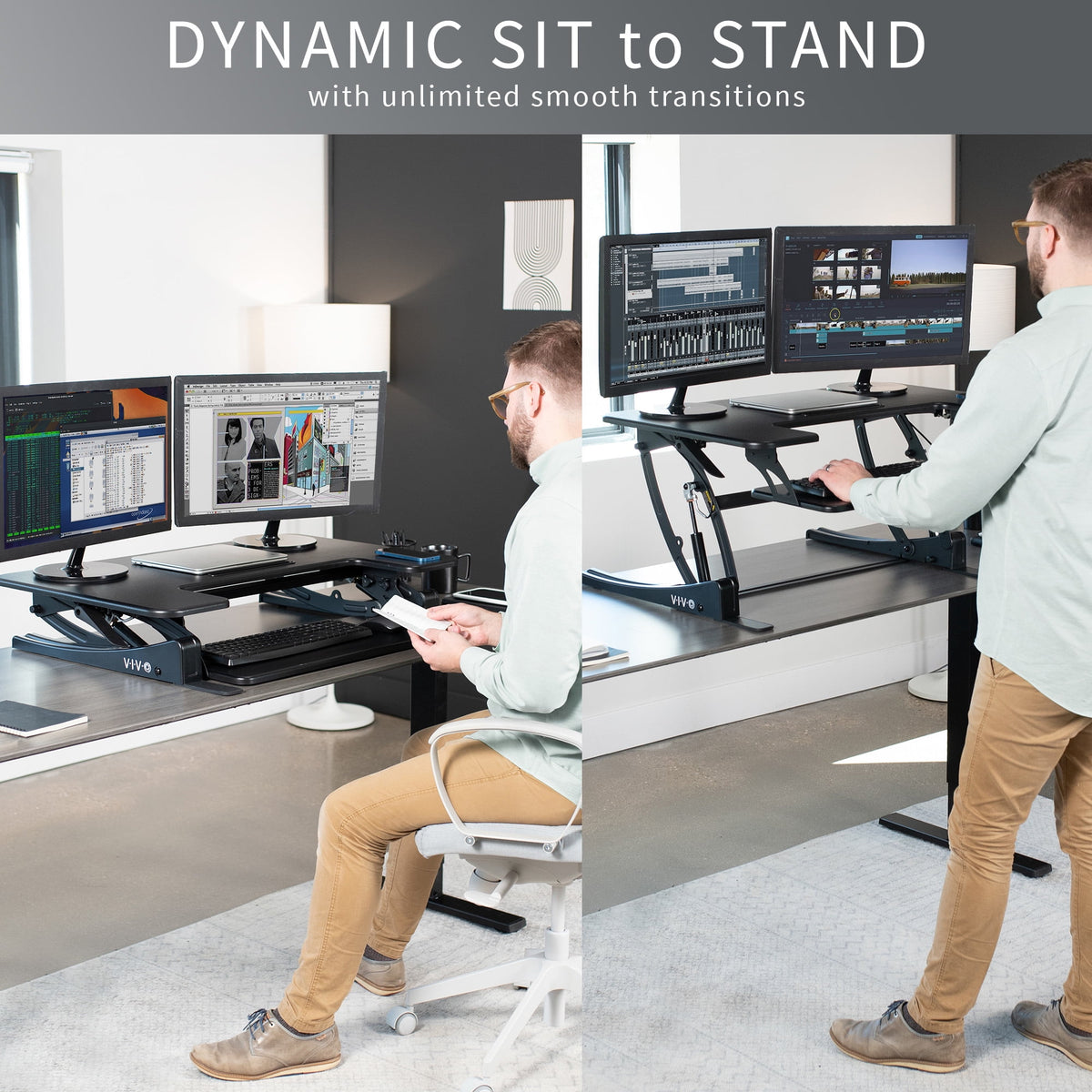 VIVO Black Height Adjustable Standing Desk Monitor Riser Tabletop Sit to Stand