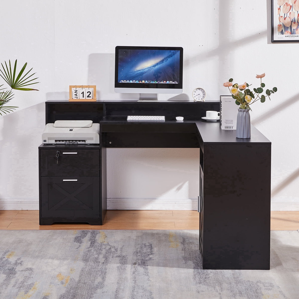58.2 Inch L-Shaped Executive Desk with Drawers & Storage Shelf, Corner Computer Desk with Power Outlets, Monitor Stand & Printer Shelf
