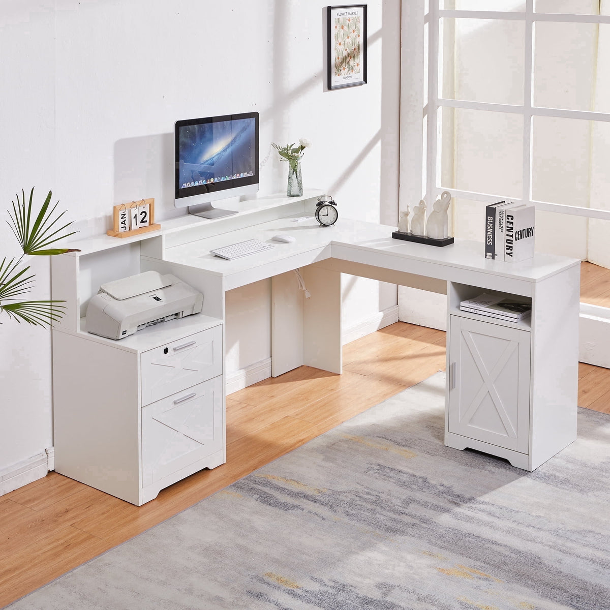 58.2 Inch L-Shaped Executive Desk with Drawers & Storage Shelf, Corner Computer Desk with Power Outlets, Monitor Stand & Printer Shelf