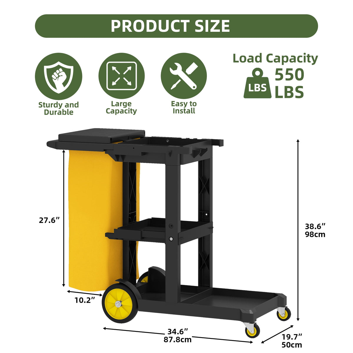 Uforic Commercial Janitorial Trolley Cleaning Cart with 25 Gallon Bag and Cover for Housekeeping, Black