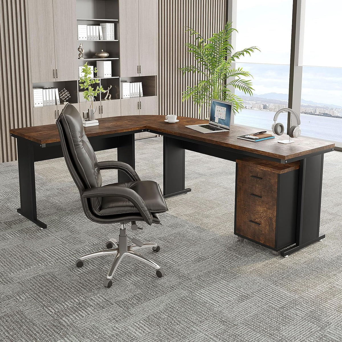 Tribesigns 83 Inch L-Shaped Office Desk, Large Executive Computer Desk with 3-Drawer File Cabinet, Industrial Corner Desk with Storage Drawers, Business Furniture Work Desk for Home Office (Brown)